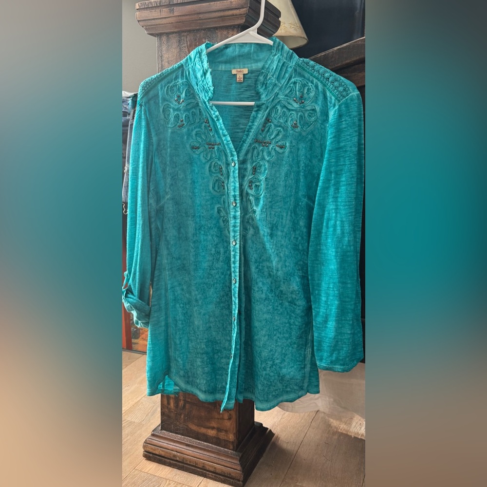 Reba Turquoise Button Down Shirt with Embroidery